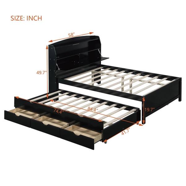 dimension image slide 2 of 3, Full Size Wooden LED Platform Bed with Trundle & Storage Headboard with Drawers, White