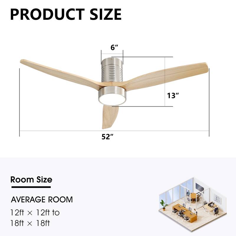 52" Flush Mount Wood Ceiling Fan with Dimmable LED Light and Remote Control