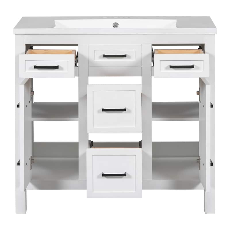 Bathroom Vanity Freestanding Cabinet with Resin Integrated Sink, 4 Drawers, 2 Cabinets, Solid Wood Frame and Adjustable Shelves