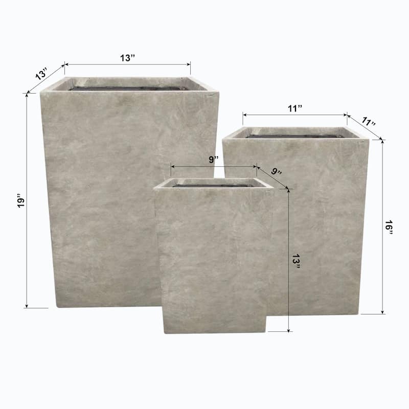 Kante Set of 3 Lightweight Modern Square Outdoor Planters, 19, 16 and 13 Inch Tall, Weathered Concrete - 13"W x 13"L x 19"H