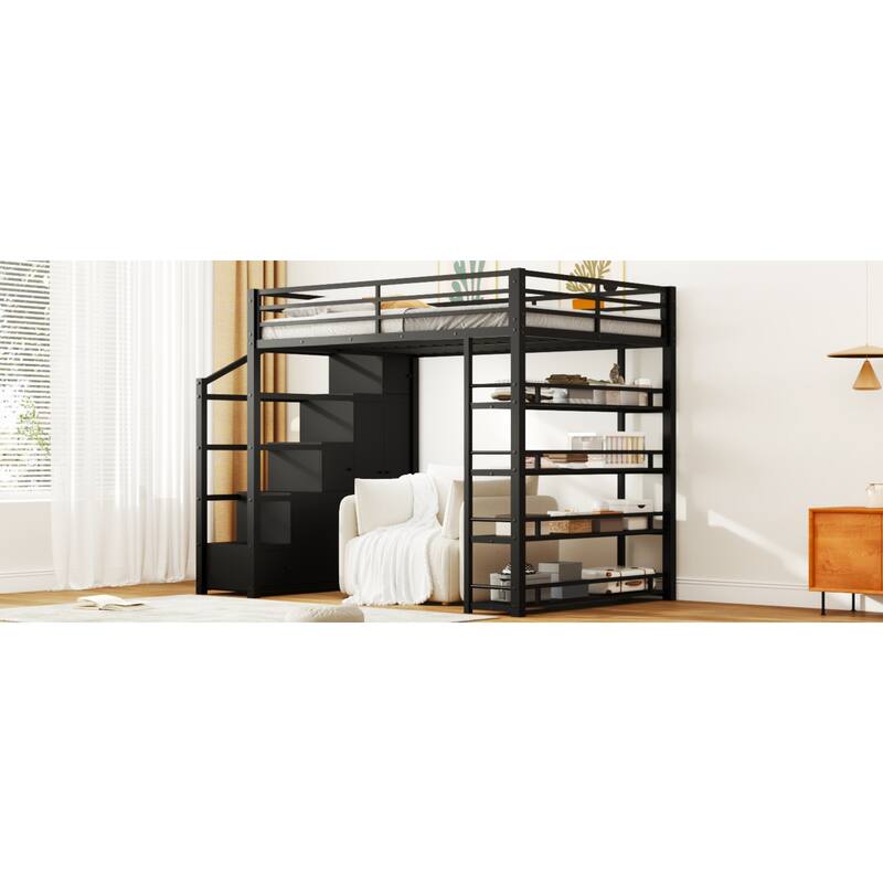 Roomfitters Full Size Metal Loft Bed with Desk, Wardrobe and Storage Staircase, Black