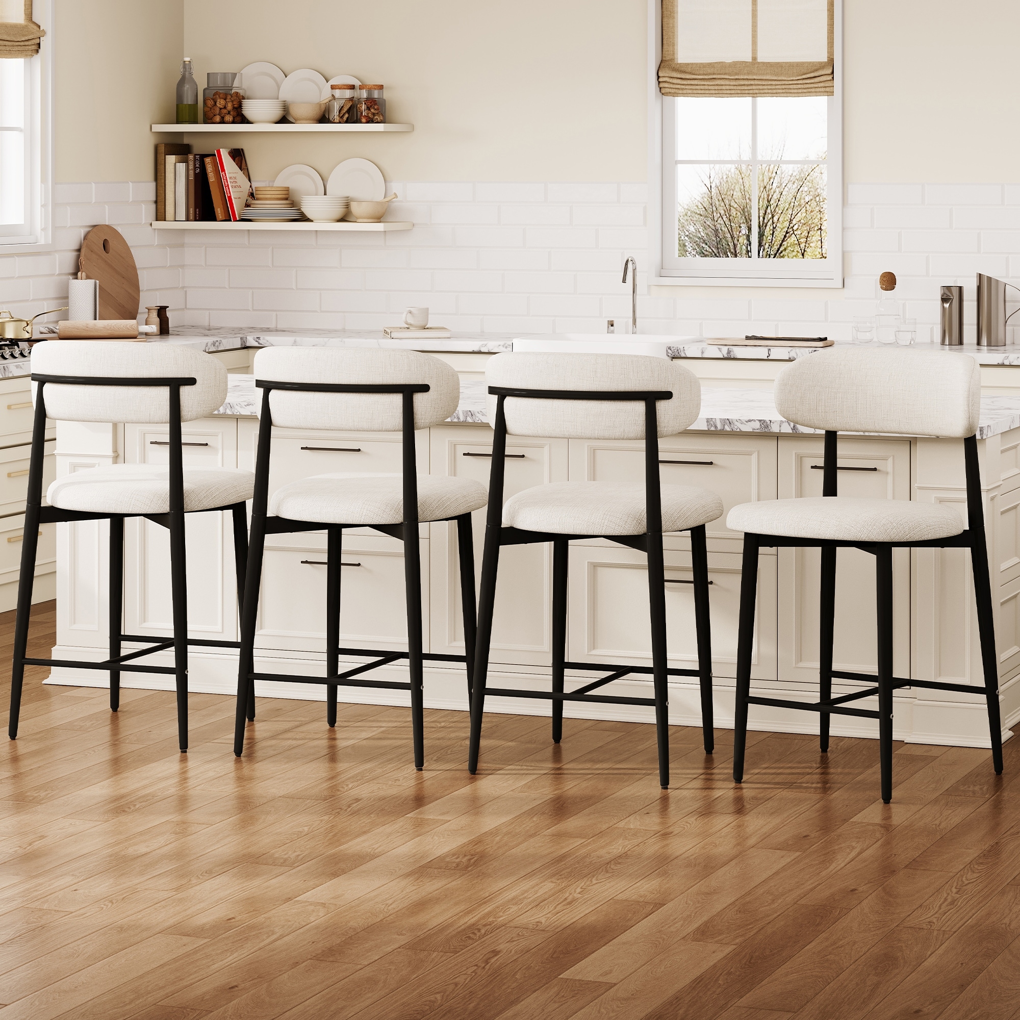 Modern Set of 4 Counter Height Bar Stools with Ergonomic Curved Upholstered Backrest & Metal Legs by GDFStudio