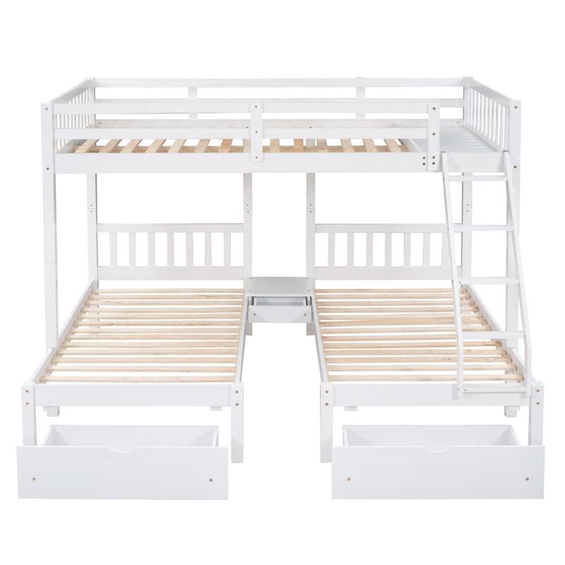 Full Over Twin & Twin Bunk Bed, Wood Triple Bunk Bed with Drawers and