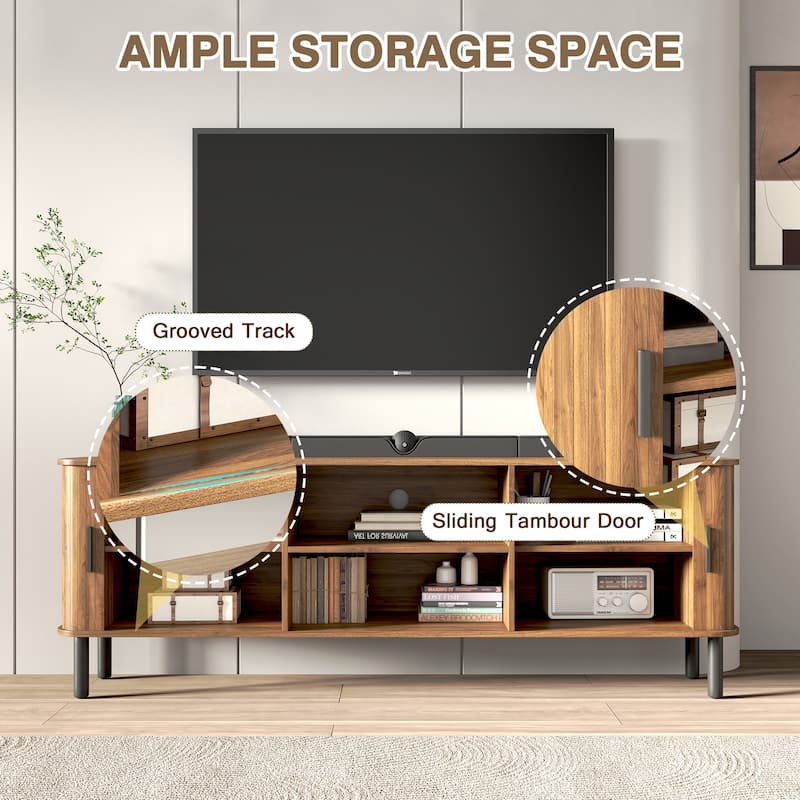 AVAWING 70" Modern TV Stand for 80 Inch TVs, Wood Media Console with Sliding Doors and Storage Shelves.