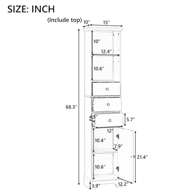 68.3" Inch Tall Freestanding Bathroom Cabinet with 3 Drawers and Adjustable Shelf-White - Bathroom Cabinet