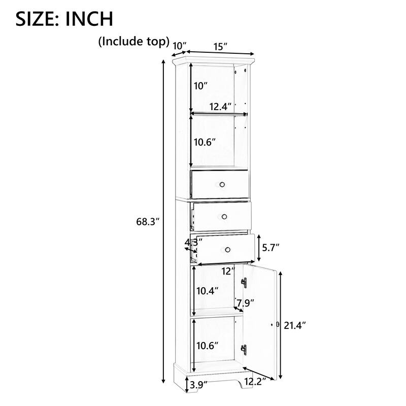Tall Bathroom Cabinet, Freestanding Storage Cabinet with 3 Drawers and Adjustable Shelf, MDF Board with Painted Finish