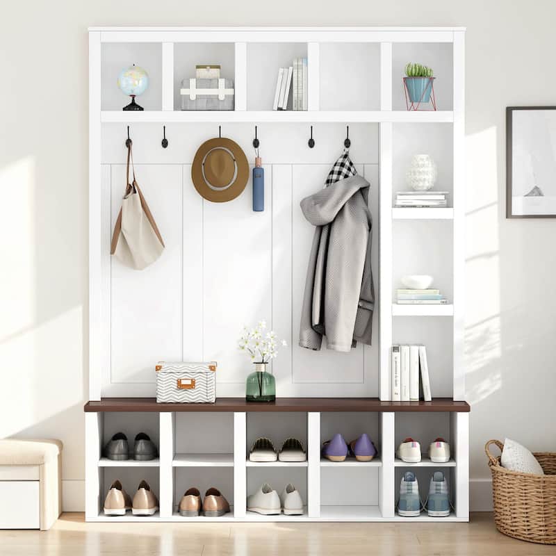 Farmhouse Entryway Hall Tree with Coat Rack, 13 Cubbies Shoe Storage, Adjustable Shelves & Walnut Bench - White