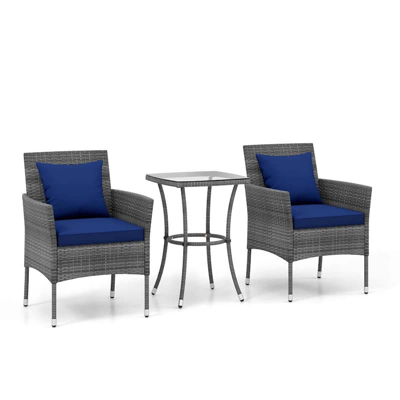 3PCS Patio Furniture Set Wicker Conversation Bistro Set w/Side Table - Navy