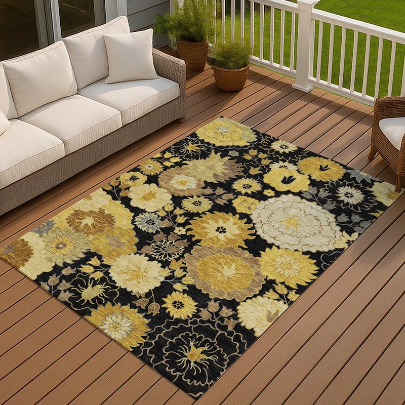 Machine Washable Indoor/ Outdoor Modern Floral Chantille Rug - Black - 9' x 12'