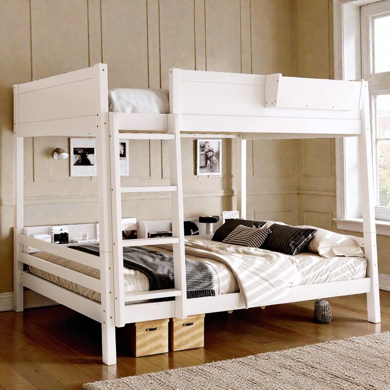 Wooden Bunk Bed Frame with Built-In Storage Shelves, Convertible to Two Beds, No Box Spring Needed