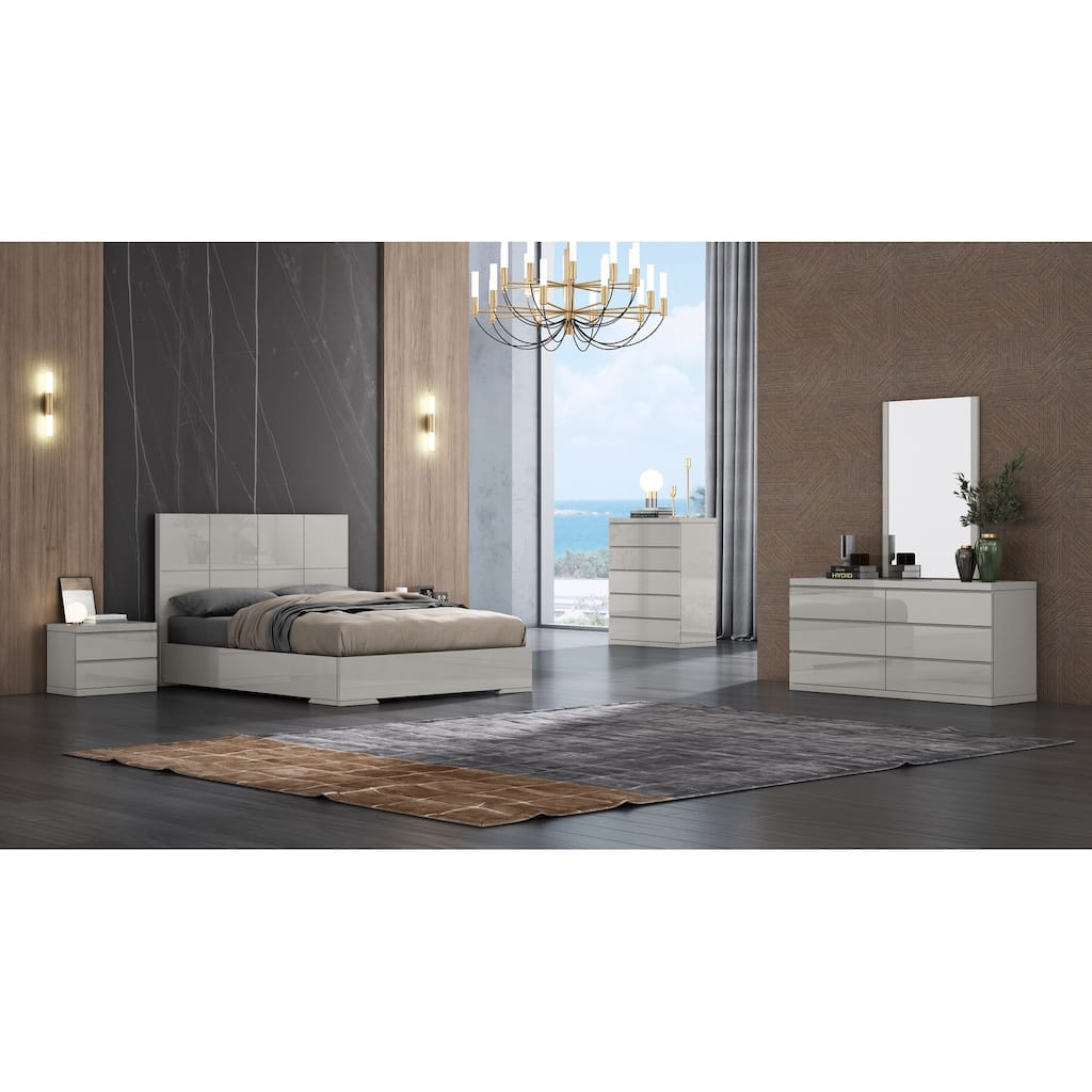 Queen Size Bed with Squares Headboard - Modern Light Grey Finish Bedroom Furniture