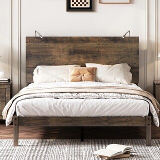 Full Size Farmhouse Platform Bed - Solid Wood Frame with Two Bedside ...