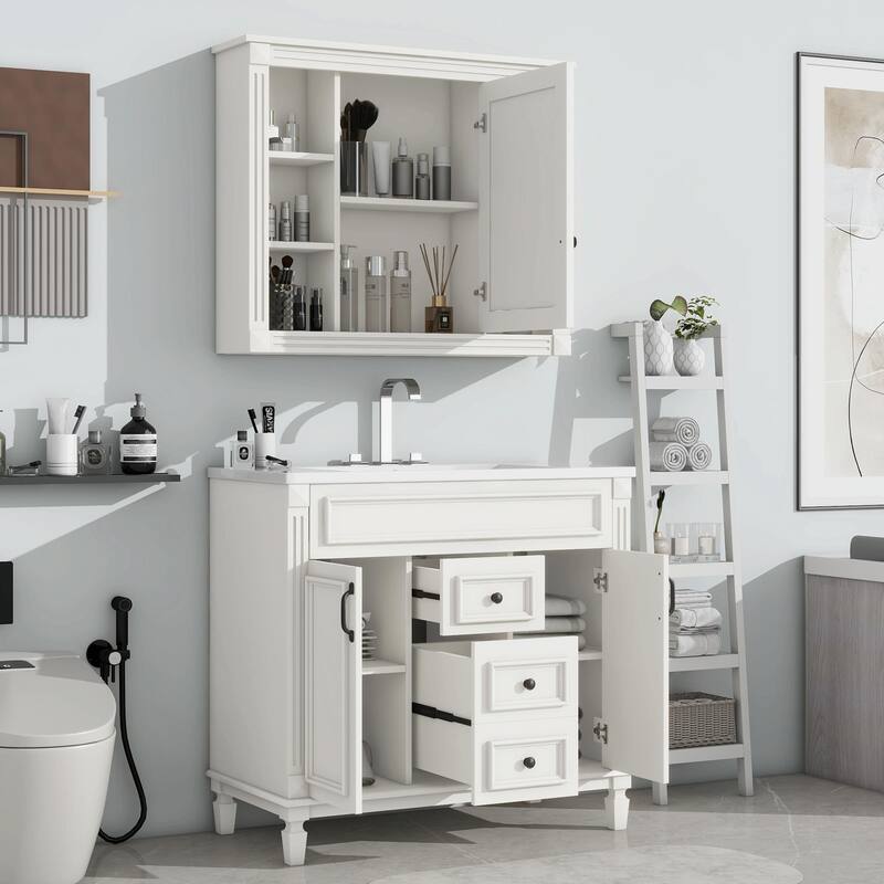 36'' Modern White Bathroom Vanity with Top Sink, Mirror Cabinet