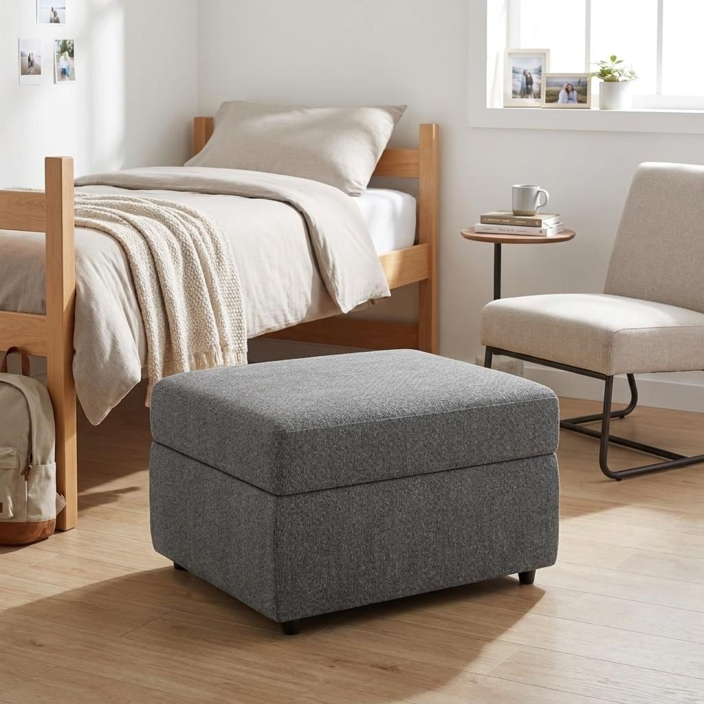 HomeRoots 30" Light Gray And Black Chenille Ottoman With Storage
