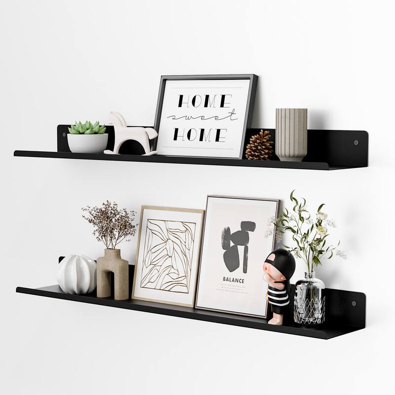 Set of 4 Wooden Floating Wall Shelves for Bathroom, Kitchen, Living Room - Black - 24"-Metal