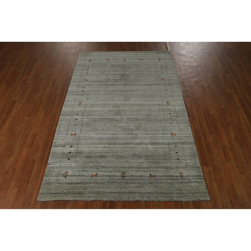 Striped Green Gabbeh Indian Area Rug Handmade Wool Carpet - 5'0" x 8'1"