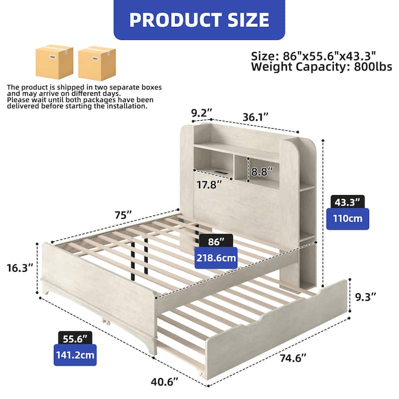 Bed with Trundle, Twin Size Bed Frame with Bookcase Daybed Storage Headboard and Charging Station & RGB LED Lights Bed