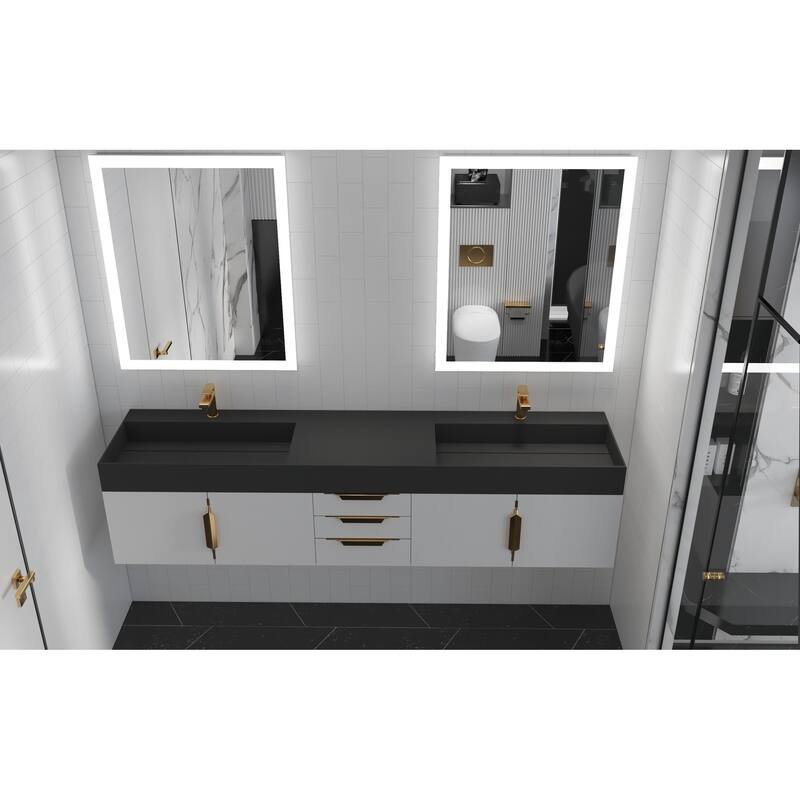 Amazon 84" Wall Mounted Double Bathroom Vanity Set w/ Black Top