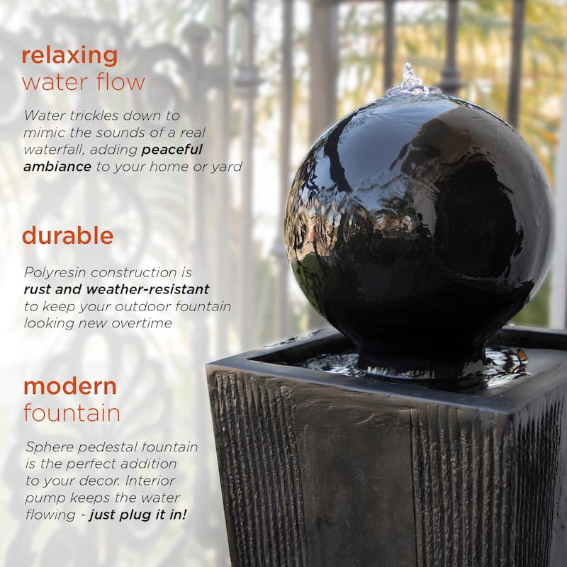 Alpine Corporation GIL786 33" Black Outdoor Modern Sphere Pedestal Water Fountain with LED Lights