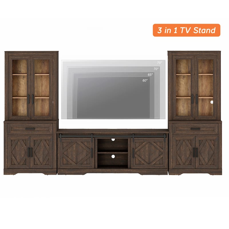 Modern Farmhouse TV Stand with Bookcase for 65" 75" TV with Barn Door for Living Room, Bedroom & Home Office