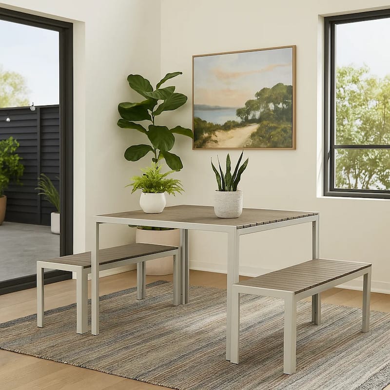 Straightforwardly Trendy Anodized Aluminum Table And Bench Set In Gray (Set of 3)