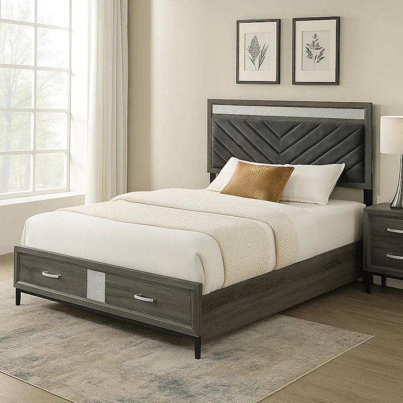 Lito Full Size Bed w Padded Headboard, 2 Footboard Drawers, Gray
