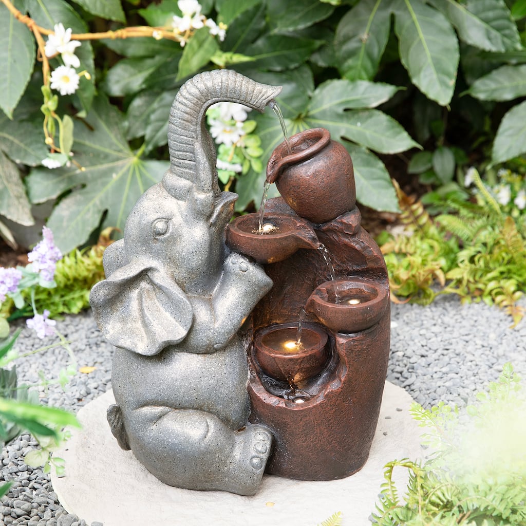 Glitzhome 4-Tiered Dogs or Elephant and Pot Polyresin Outdoor Fountain with Pump and LED Light