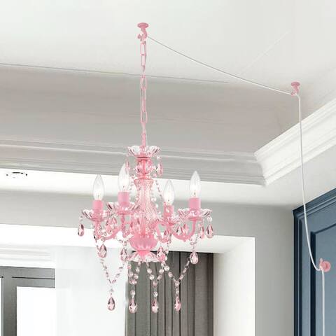 Plug In Pink Chandelier Small Acrylic Crystals Hanging Lamp 4-Light