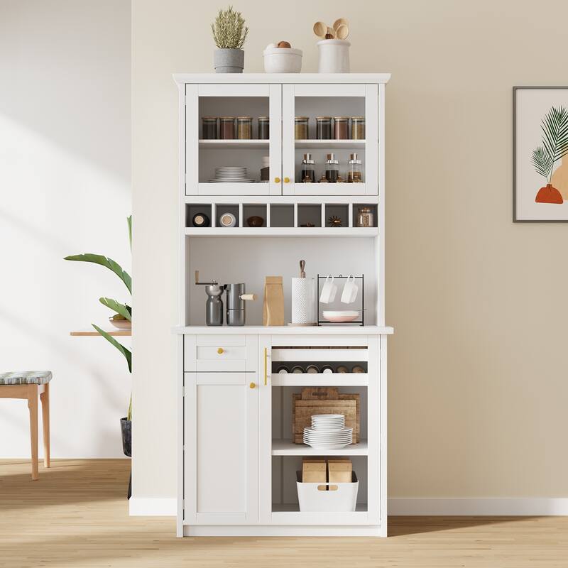 35.4 Inch Farmhouse Buffet, Freestanding Hutch with Wine Rack & Adjustable Shelves, Tall Pantry Storage Cabinet