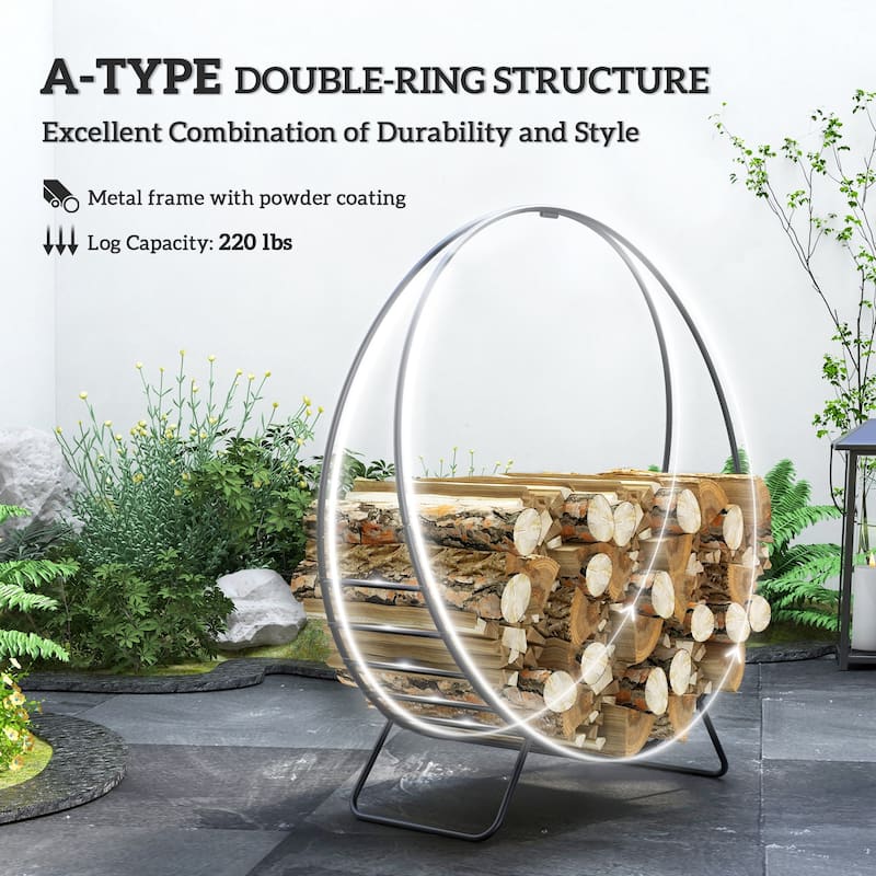 Outsunny 40 Inch Firewood Rack with Zipper Cover, Waterproof Heavy Duty Wood Storage Hoop, Indoor Outdoor Logs Staker Stand