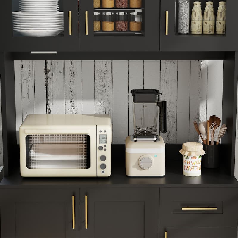 71'' Kitchen Pantry Cabinet with Hutch, Drawer & LED Light, Microwave Stand with Power Outlet for Dining Room or Kitchen