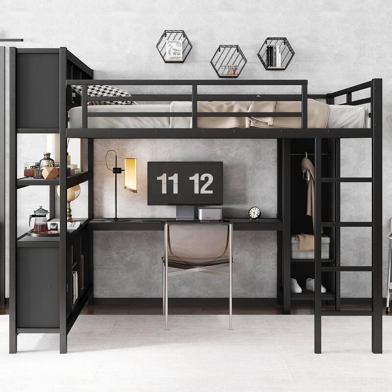 Roomfitters Queen Size Metal Loft Bed with L-Shaped Desk, Wardrobe, Storage Cubes & Shelves, Heavy-Duty Frame