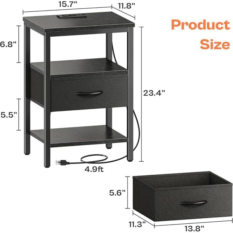Nightstand Set of 2 Or 1 with Charging Station and USB Ports, Storage End Table with Fabric Drawer, Night Stand for Small Spaces