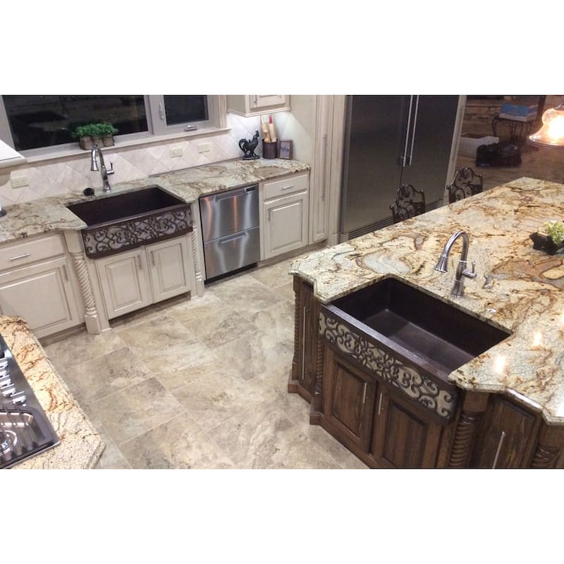33-in Hammered Copper Apron Front Single Basin Kitchen Sink w/ Scroll Design and Nickel Background (KASDB33229S-NB)
