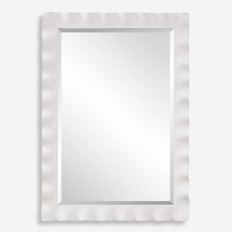 Scalloped Framed Beveled Wall Mirror 40" Semi Gloss White Finish