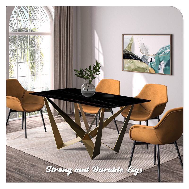 Nuvor Rectangular Sintered Stone or Glass Tabletop Dining Table with Powder-Coated Gold Steel Base for Kitchens & Dining Rooms