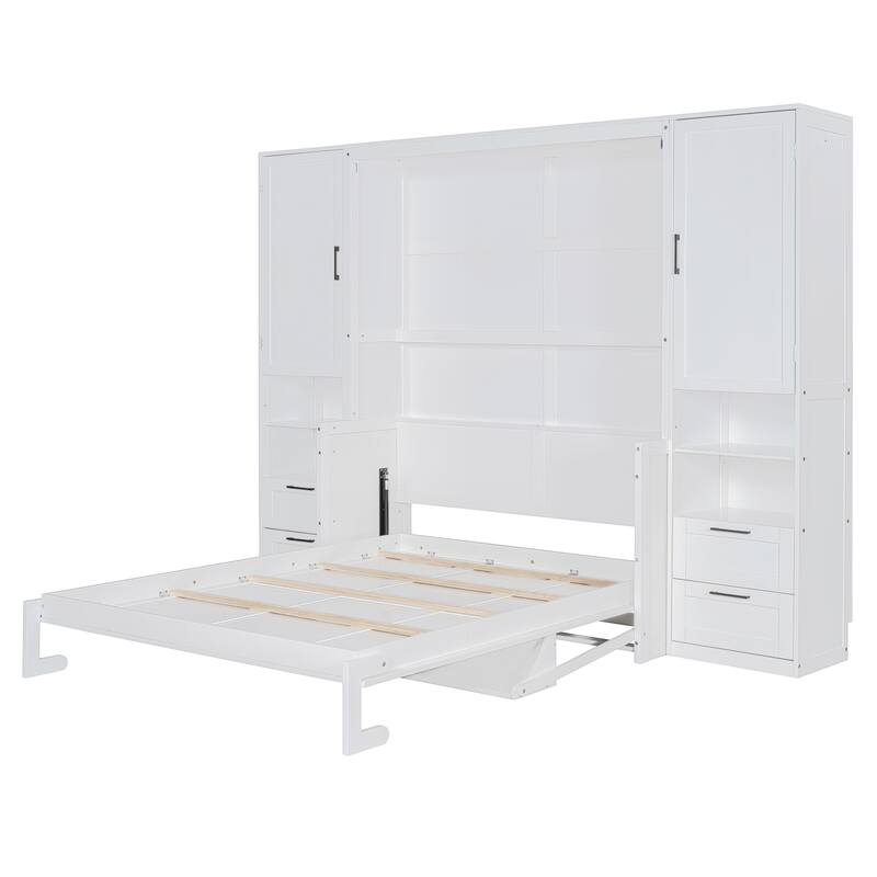 Queen Size Murphy Bed Hidden Wall Bed with Both Sides Closet Drawers and Storage Shelves, Space-Saving Versatile Murphy Bed