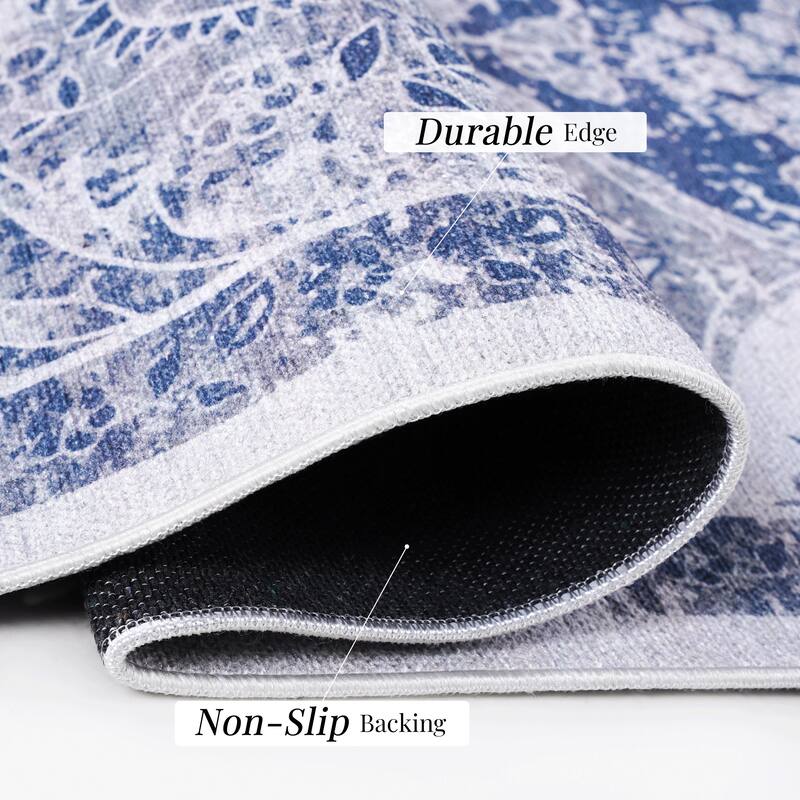 LOOM & LUXE 2'6"X10' Blue Washable Runner Rug - 120" D x 30" W x 0.14" H