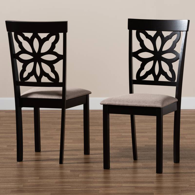Modern Dining Chair Set - 2 Piece Fabric Upholstered Chairs - Dark Brown Wood Finish