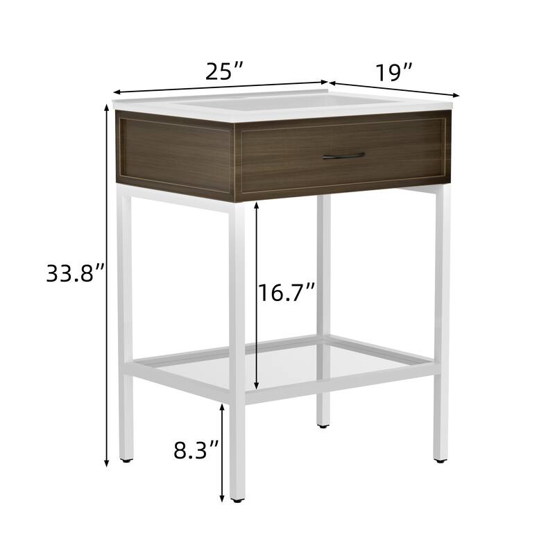 Ansel Freestanding Bathroom Vanity with Single Sink, One Glass Shelf, Metal Legs