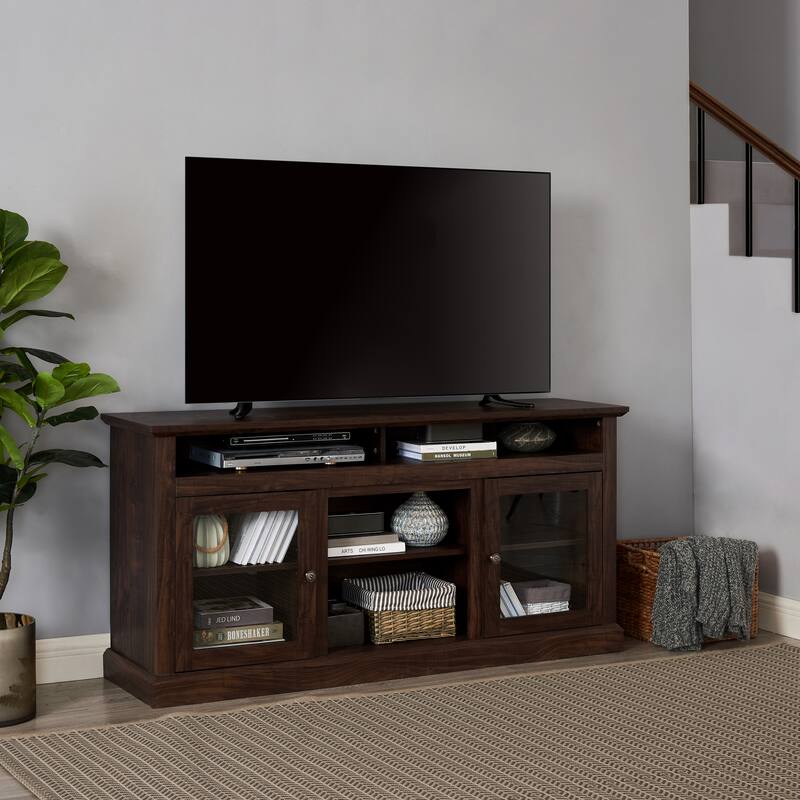Farmhouse TV Stand for Up to 65 Inch TVs, Large Wooden Entertainment Center, Media Console Table with Glass Doors & Open Shelf - Brown
