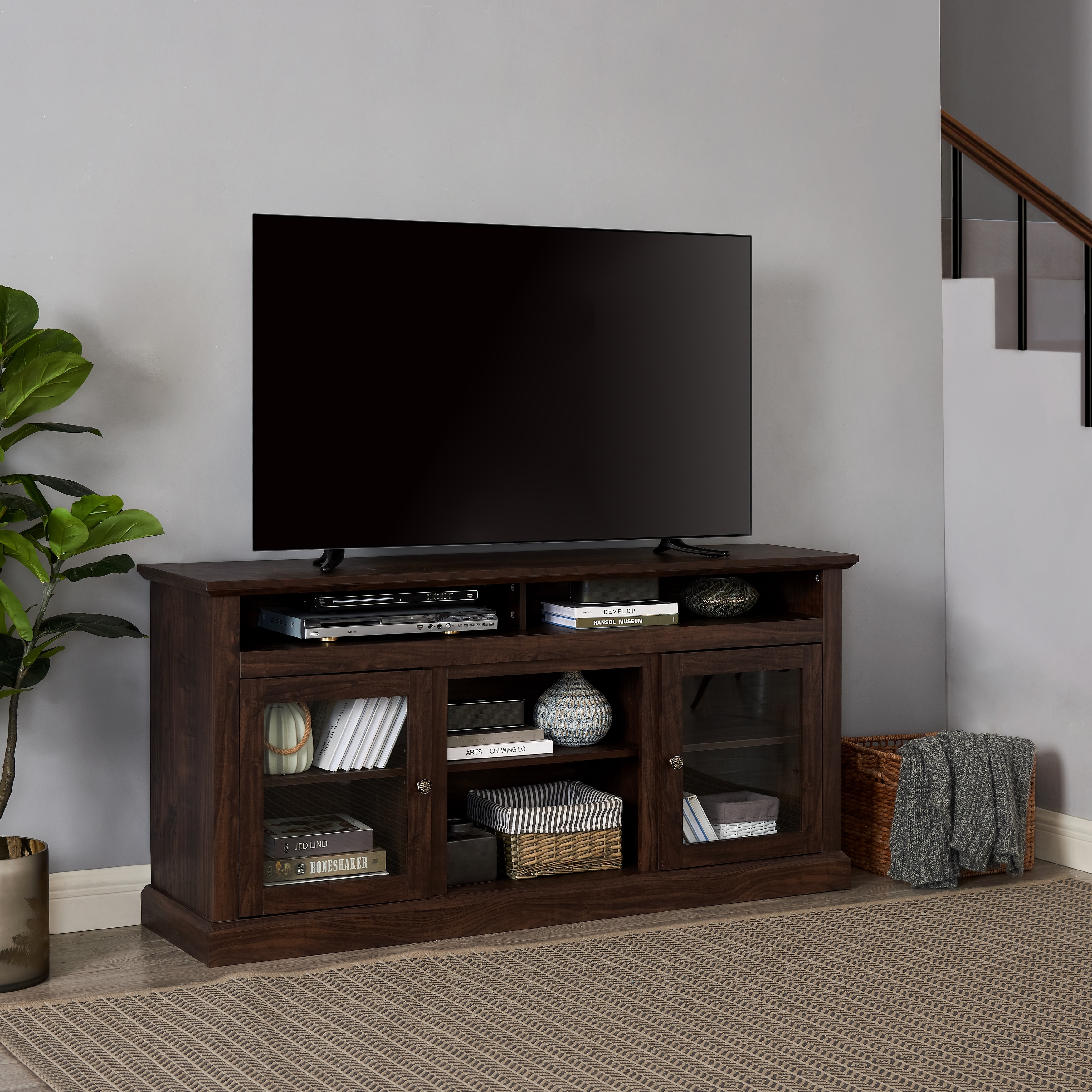 Farmhouse TV Stand for Up to 65 Inch TVs, Large Wooden Entertainment Center, Media Console Table with Glass Doors & Open Shelf
