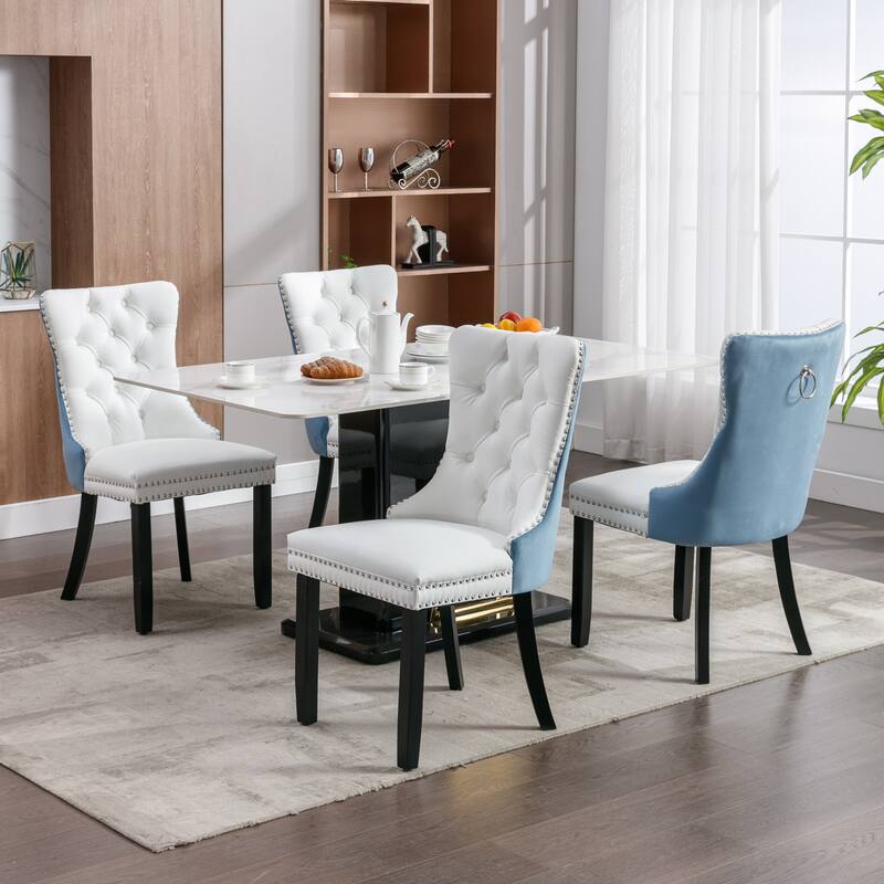 Modern, High-end Tufted Solid Wood PU and Velvet Upholstered Dining Chair with Wood Legs Nailhead Trim 2-Pcs Set