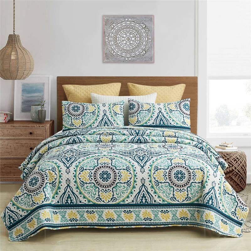 European Floral Quilt Set - Blue Bohemia - King