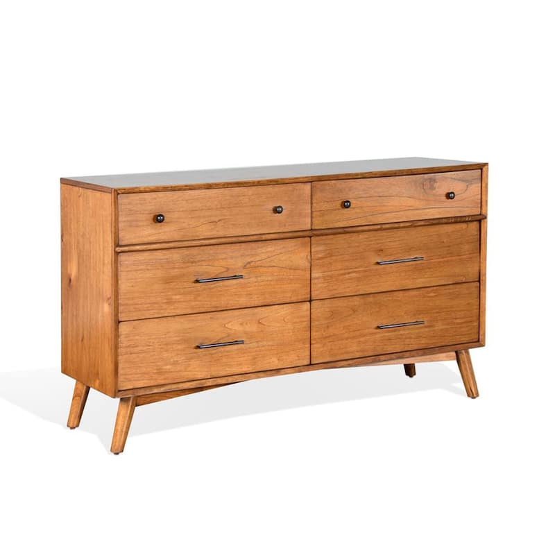 Amy 60 Inch Wide Dresser, 6 Drawers, Angled Legs, Brown Solid Wood