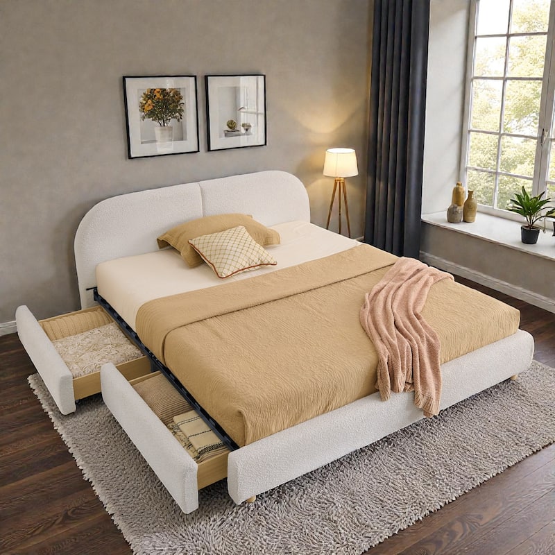 Upholstered Bed Frame with Tall Curved Headboard and Storage Drawers, Modern Minimalist Platform Bed No Box Spring