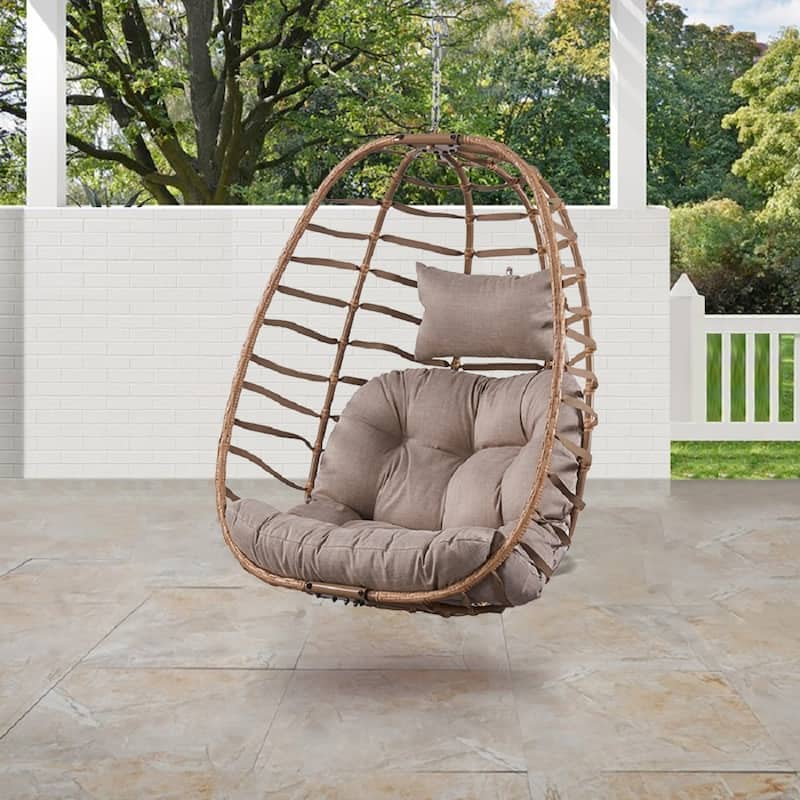 Pocassy Outdside Foldable Hanging Egg Chair - Beige - Yellow Rattan Egg Chair