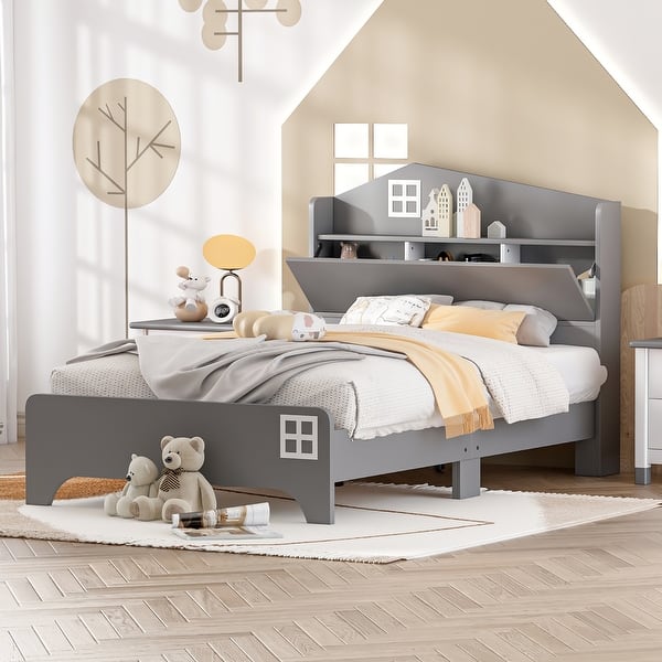 slide 2 of 42, House Shape Headboard Bed with Storage Shelf for Kids, Space Saving Beds, House Playhouse Bed, No Box Spring Needed Grey - Twin