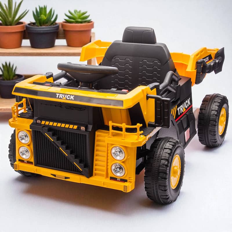 12V Kids Ride On Dump Truck with Remote Control, Electric Dump Bed, Bluetooth Music, LED Lights, Speed & Volume Adjustment - Yellow