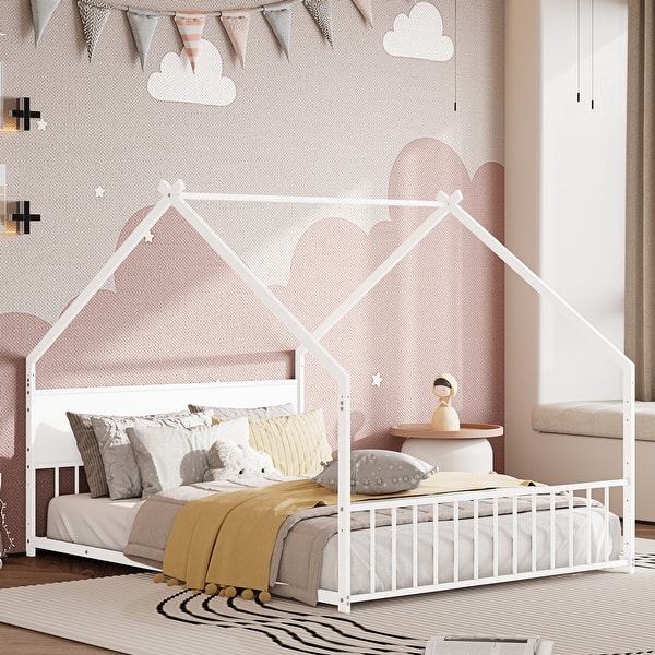 slide 2 of 11, Full Size Metal Frame House Bed with Roof and Colorful Lights, White White